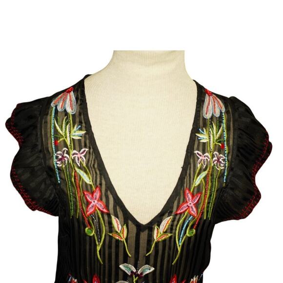 Not So Serious by Pallavi Mohan Sheer Black Floral Embroidered Midi Dress Size 4 - Picture 3 of 7
